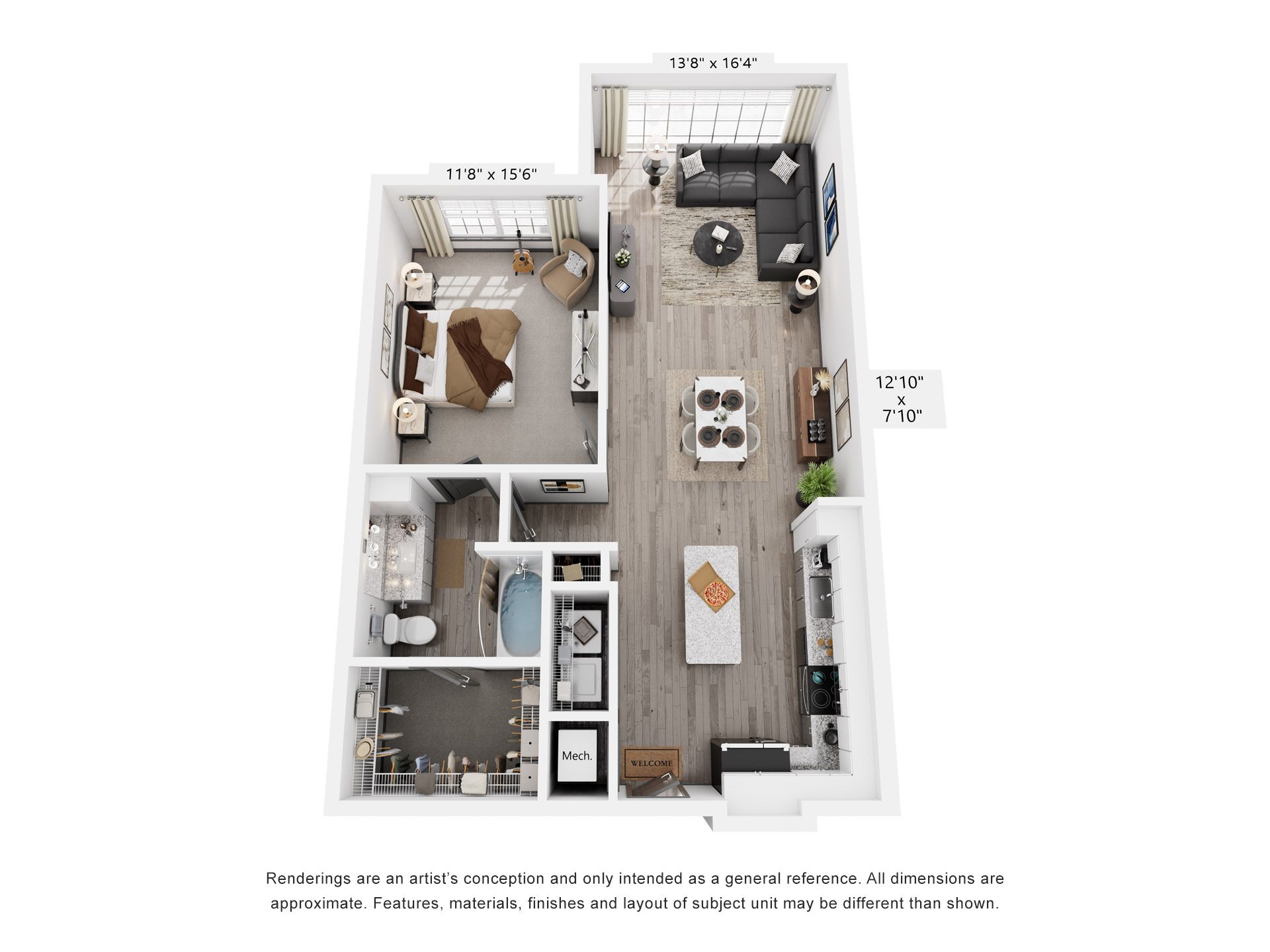 Floor plan for 1 bed, 1 bath, 931 sqft